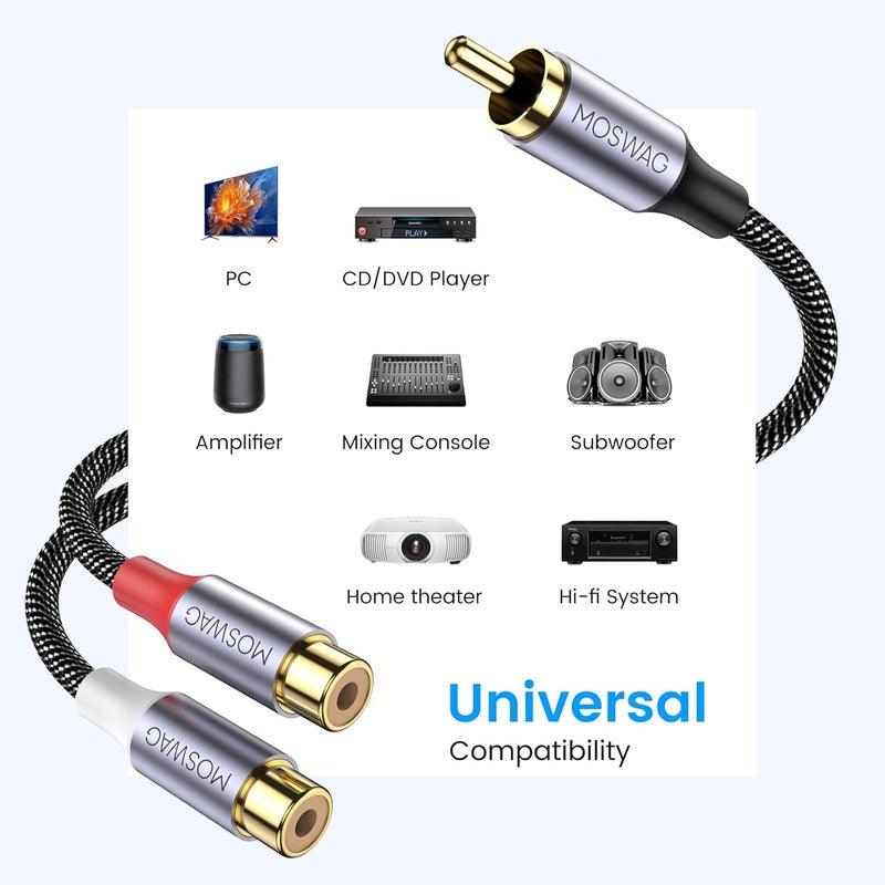 MOSWAG 1 Male to 2 Female, RCA Y Splitter RCA Cable Audio Video Splitter Adapter Extension Cord Compatible with subwoofers, Speakers, Home theatres, HDTVs, Gaming Consoles - Image 5